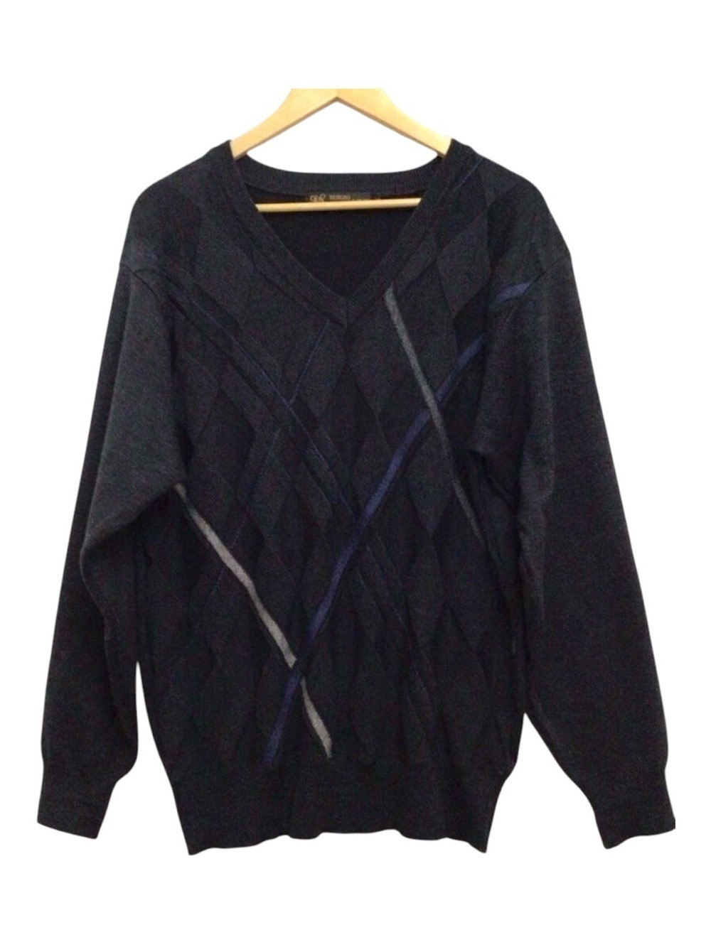 SERGIO Louis Italy mens knit sweater v neck black blue Eclectic grandpa medium